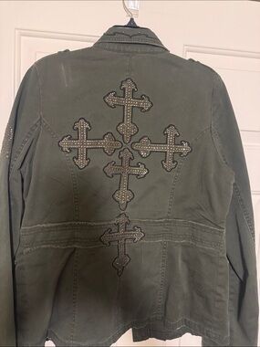 Miss Me Olive Military Jacket with Studded Cross Motif